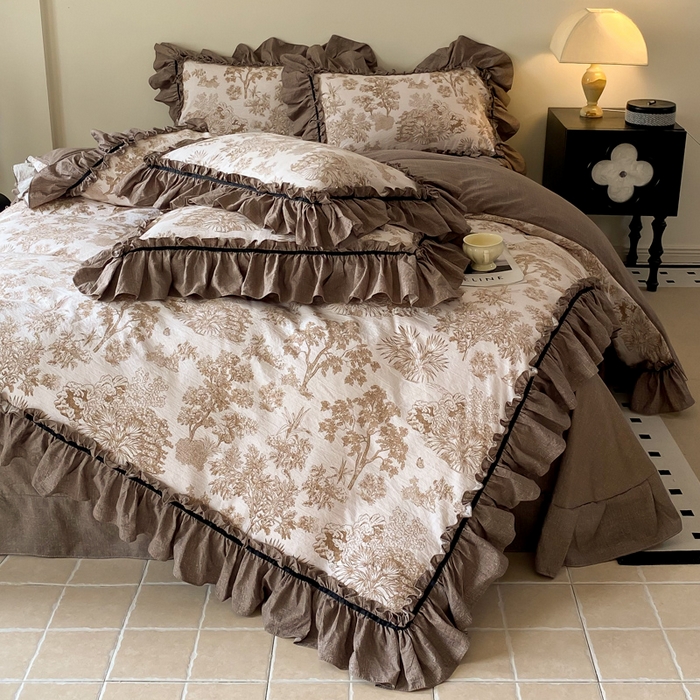 91家纺网 家纺一手货源 找家纺 大麦家纺 2025新款复古风高端提花水洗亚麻原麻四件套 陌上花开