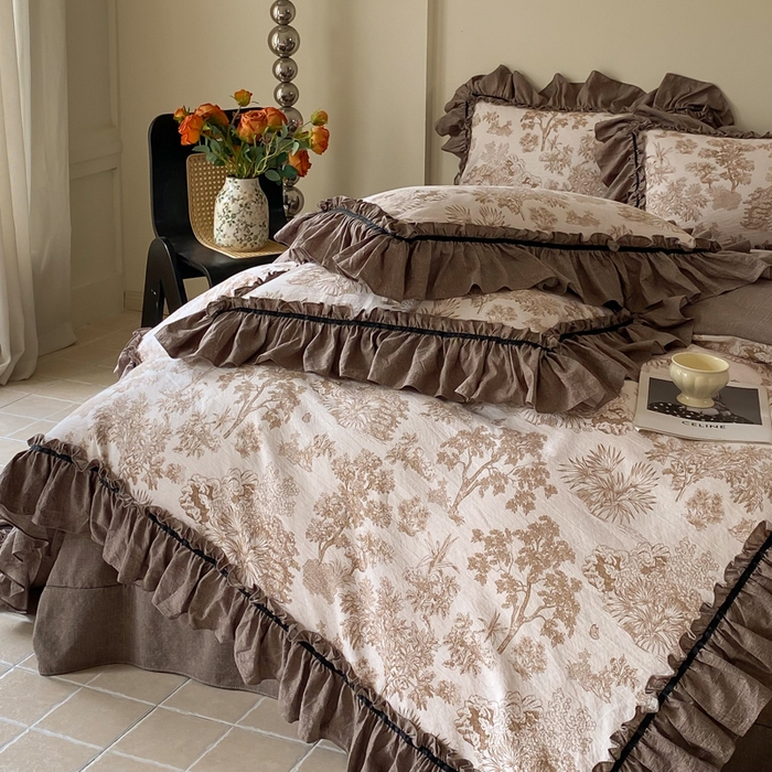 91家纺网 家纺一手货源 找家纺 大麦家纺 2025新款复古风高端提花水洗亚麻原麻四件套 陌上花开