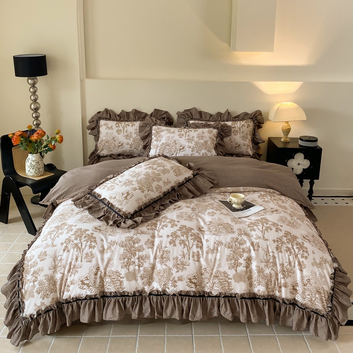 91家纺网 家纺一手货源 找家纺 大麦家纺 2025新款复古风高端提花水洗亚麻原麻四件套 陌上花开