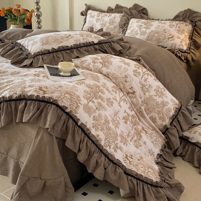 91家纺网 家纺一手货源 找家纺 大麦家纺 2025新款复古风高端提花水洗亚麻原麻四件套 陌上花开