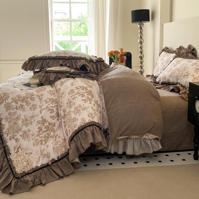 91家纺网 家纺一手货源 找家纺 大麦家纺 2025新款复古风高端提花水洗亚麻原麻四件套 陌上花开