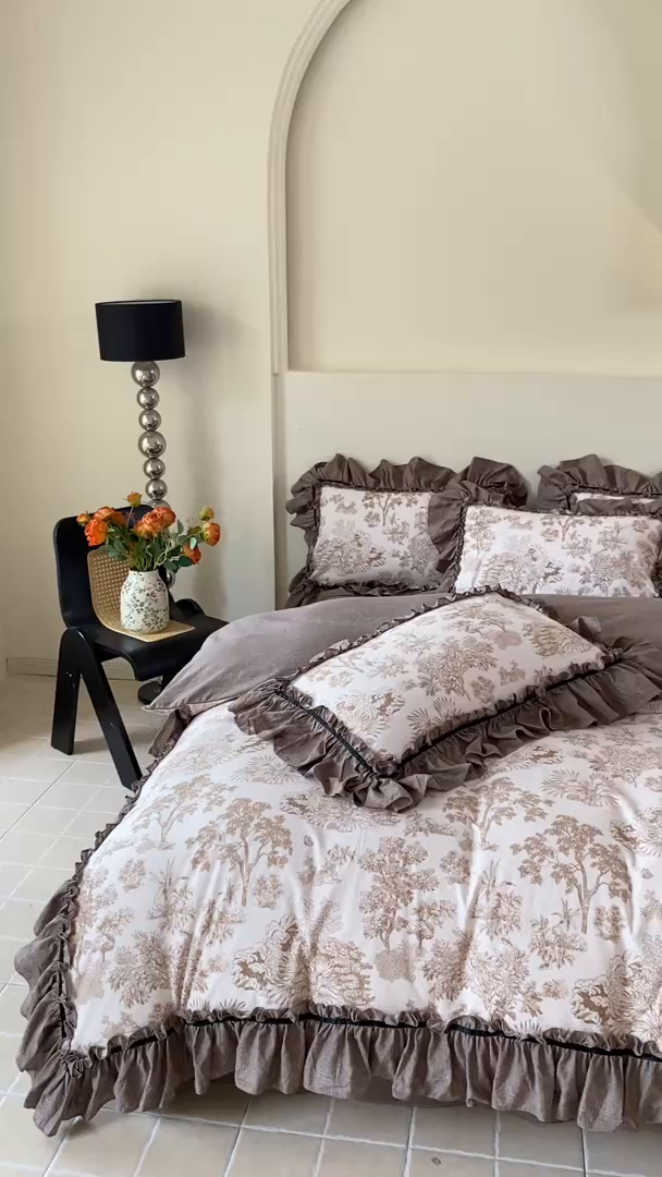 91家纺网 家纺一手货源 找家纺 大麦家纺 2025新款复古风高端提花水洗亚麻原麻四件套 陌上花开