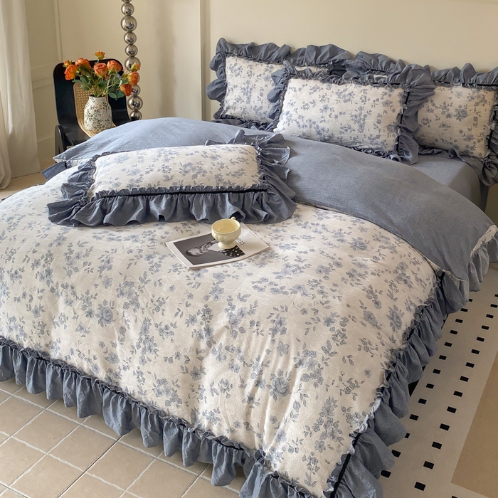 91家纺网 家纺一手货源 找家纺 大麦家纺 2025新款复古风高端提花水洗亚麻原麻四件套 青瓷岁月