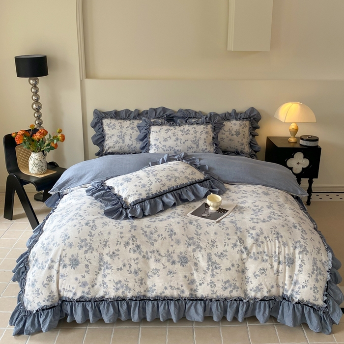 91家纺网 家纺一手货源 找家纺 大麦家纺 2025新款复古风高端提花水洗亚麻原麻四件套 青瓷岁月