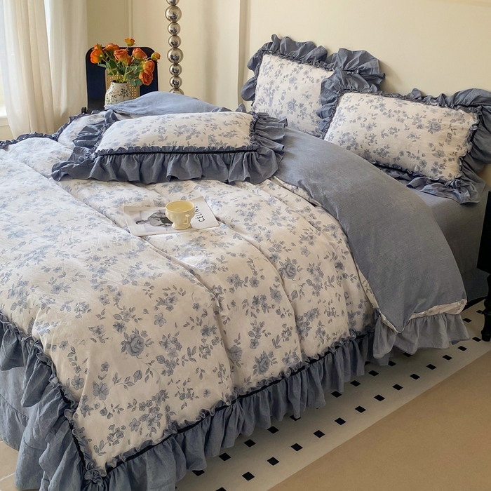 91家纺网 家纺一手货源 找家纺 大麦家纺 2025新款复古风高端提花水洗亚麻原麻四件套 青瓷岁月