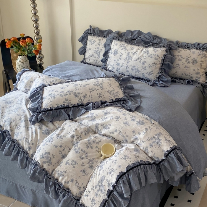 91家纺网 家纺一手货源 找家纺 大麦家纺 2025新款复古风高端提花水洗亚麻原麻四件套 青瓷岁月