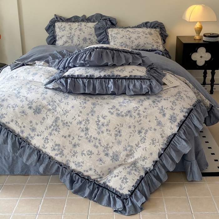 91家纺网 家纺一手货源 找家纺 大麦家纺 2025新款复古风高端提花水洗亚麻原麻四件套 青瓷岁月