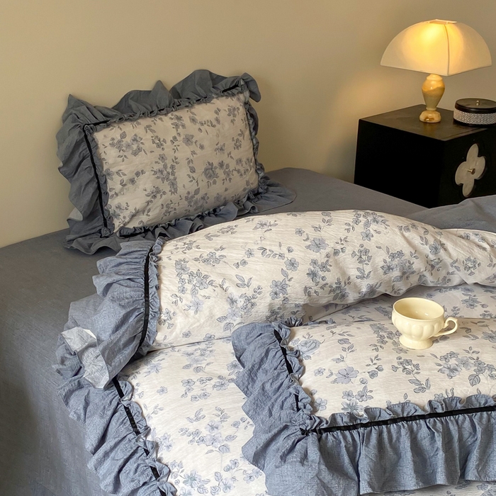 91家纺网 家纺一手货源 找家纺 大麦家纺 2025新款复古风高端提花水洗亚麻原麻四件套 青瓷岁月