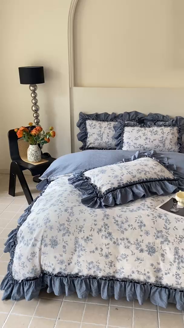 91家纺网 家纺一手货源 找家纺 大麦家纺 2025新款复古风高端提花水洗亚麻原麻四件套 青瓷岁月