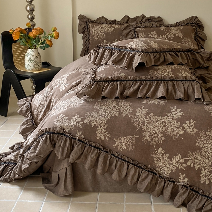 91家纺网 家纺一手货源 找家纺 大麦家纺 2025新款复古风高端提花水洗亚麻原麻四件套 秋意浓