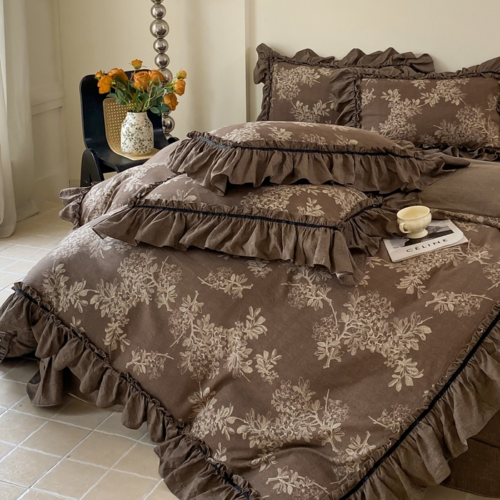 91家纺网 家纺一手货源 找家纺 大麦家纺 2025新款复古风高端提花水洗亚麻原麻四件套 秋意浓