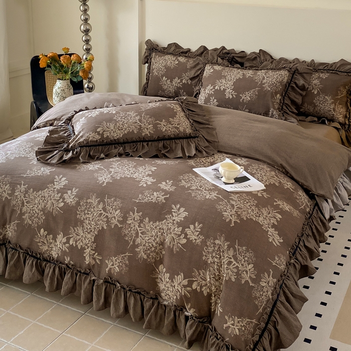 91家纺网 家纺一手货源 找家纺 大麦家纺 2025新款复古风高端提花水洗亚麻原麻四件套 秋意浓