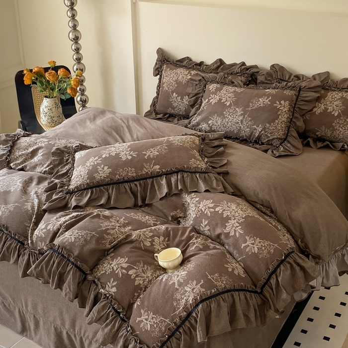 91家纺网 家纺一手货源 找家纺 大麦家纺 2025新款复古风高端提花水洗亚麻原麻四件套 秋意浓