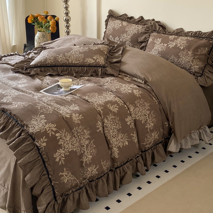 91家纺网 家纺一手货源 找家纺 大麦家纺 2025新款复古风高端提花水洗亚麻原麻四件套 秋意浓