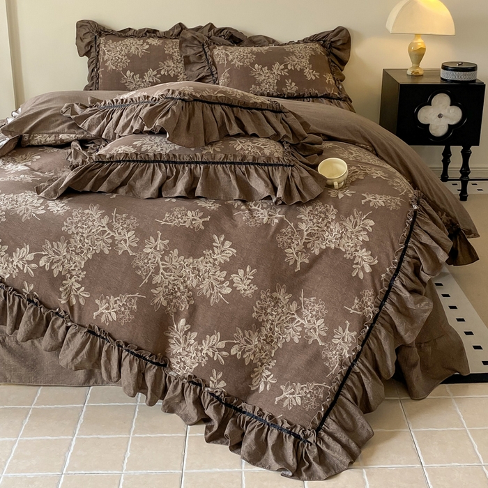 91家纺网 家纺一手货源 找家纺 大麦家纺 2025新款复古风高端提花水洗亚麻原麻四件套 秋意浓