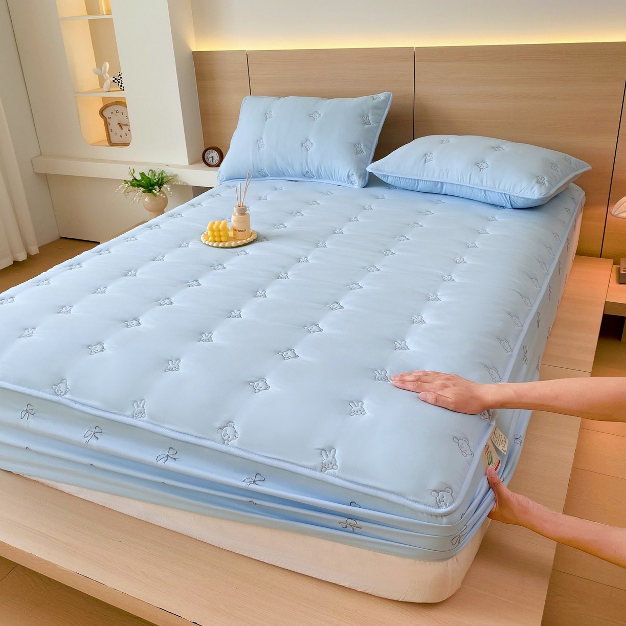 尊康家纺（原磊科） 2025新款7A抗菌奶昔棉床笠-熊猫兔 熊猫兔-海蓝