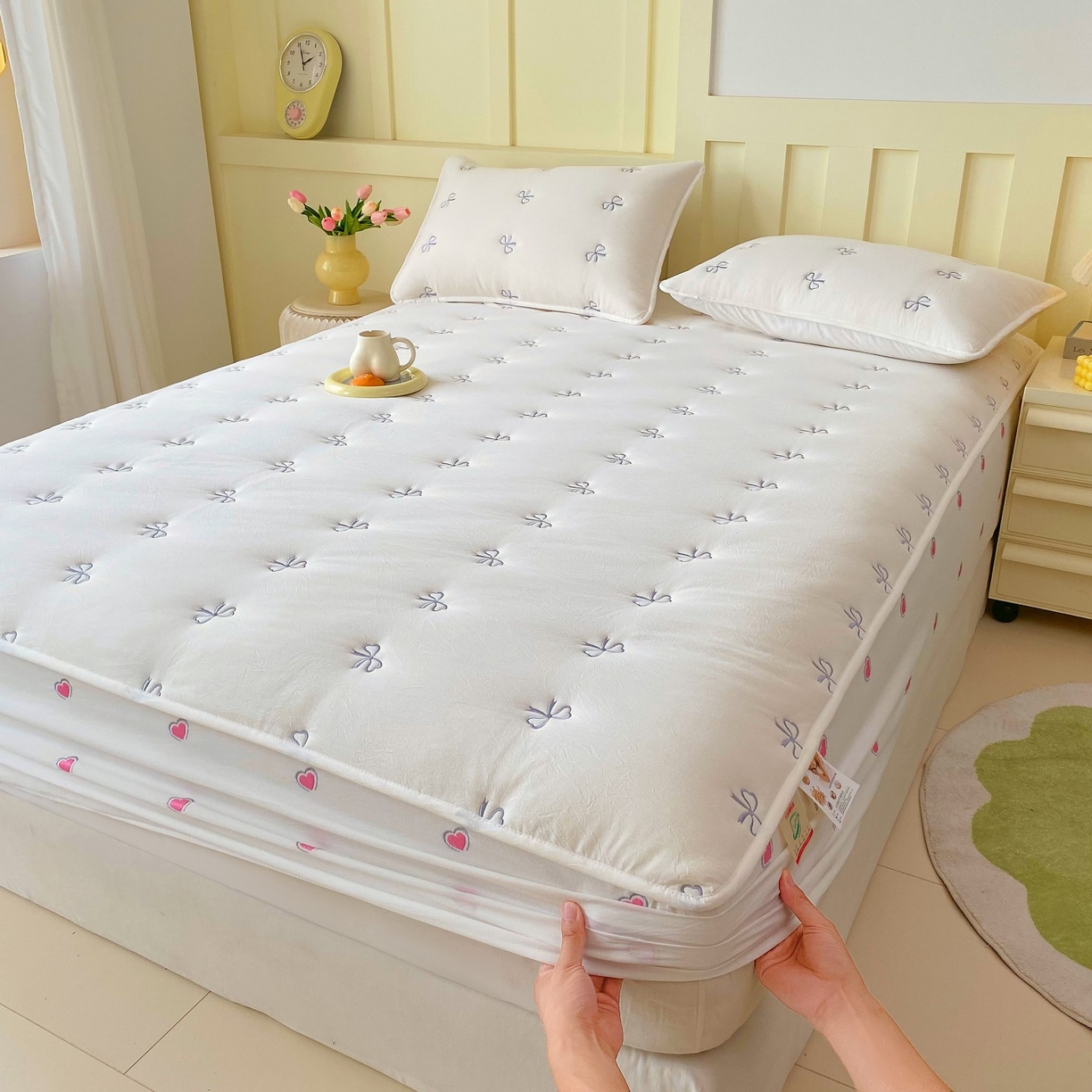 91家纺网 家纺一手货源 找家纺 （总）尊康家纺（原磊科） 2025新款7A抗菌全棉色织水洗棉大豆棉填充床笠-同心结