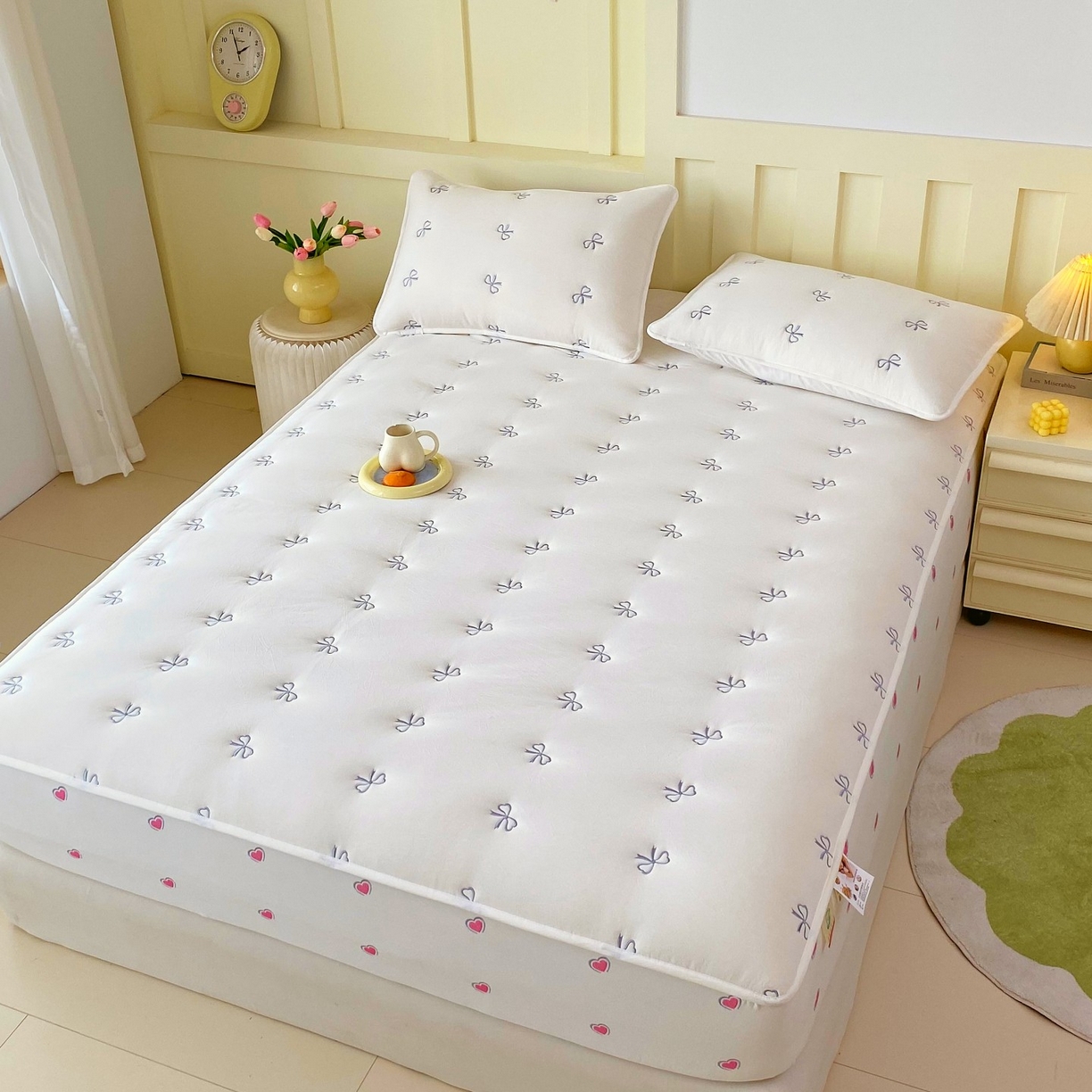 91家纺网 家纺一手货源 找家纺 尊康家纺（原磊科） 2025新款7A抗菌全棉色织水洗棉大豆棉填充床笠-同心结 同心结-白