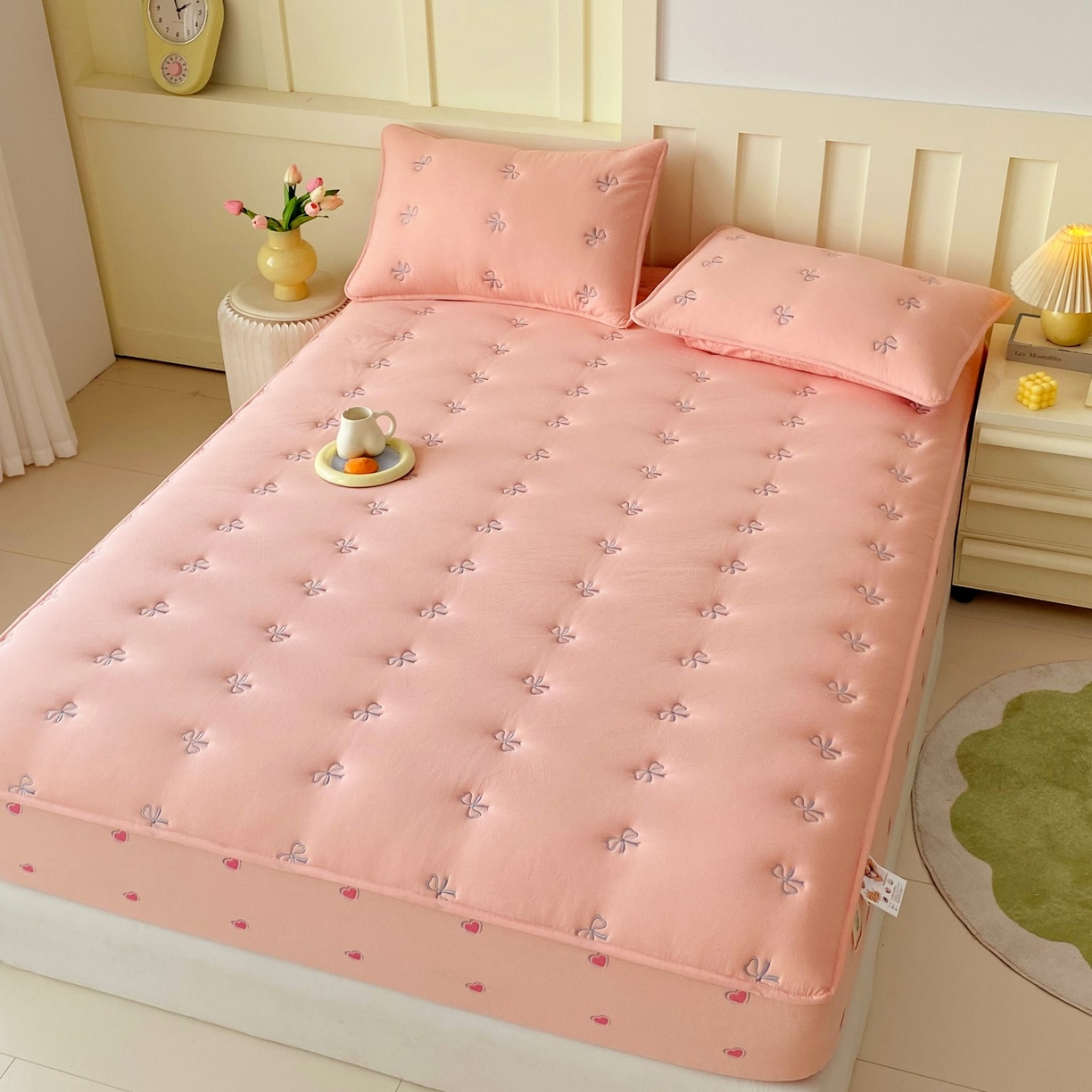 91家纺网 家纺一手货源 找家纺 尊康家纺（原磊科） 2025新款7A抗菌全棉色织水洗棉大豆棉填充床笠-同心结 同心结-粉玉