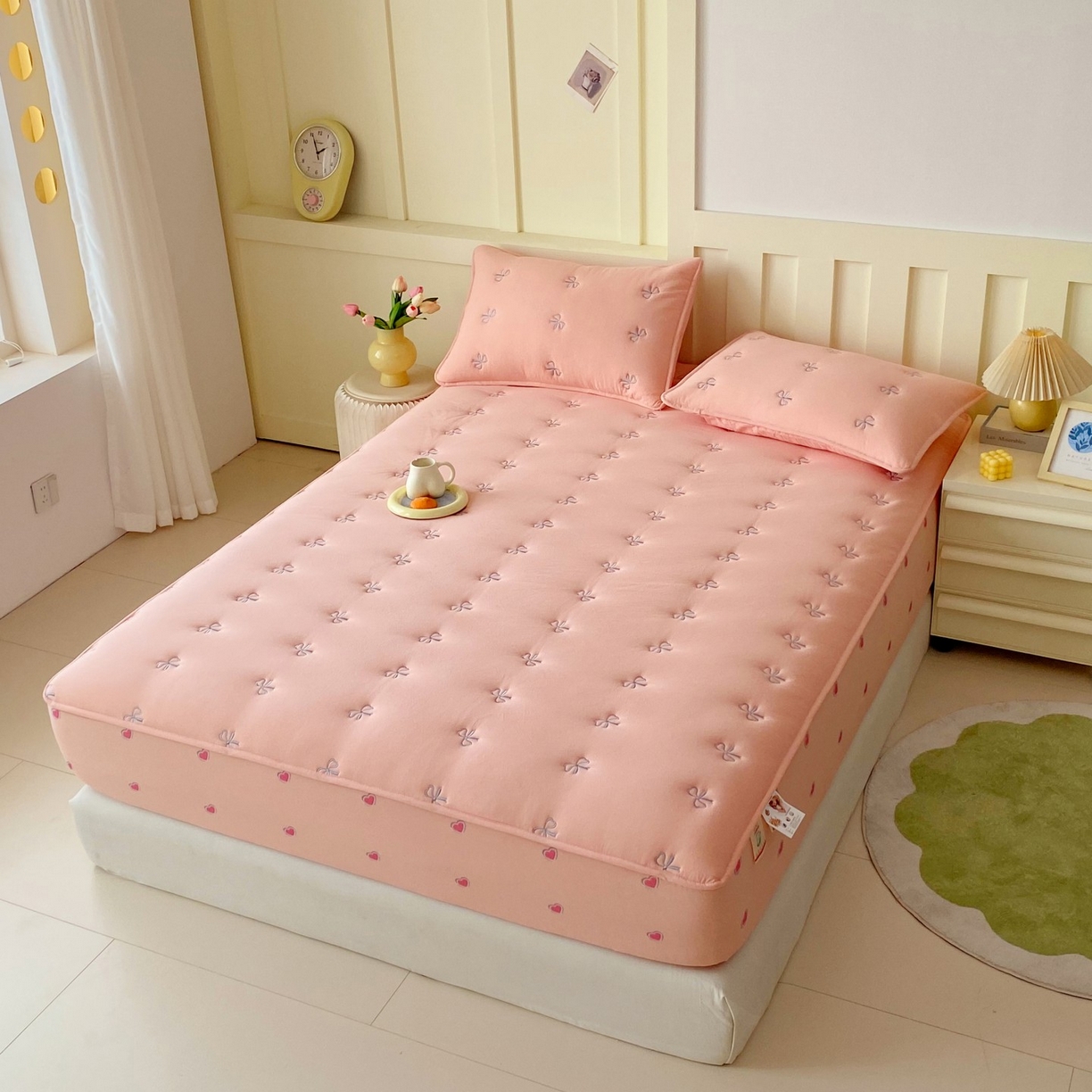 91家纺网 家纺一手货源 找家纺 尊康家纺（原磊科） 2025新款7A抗菌全棉色织水洗棉大豆棉填充床笠-同心结 同心结-粉玉