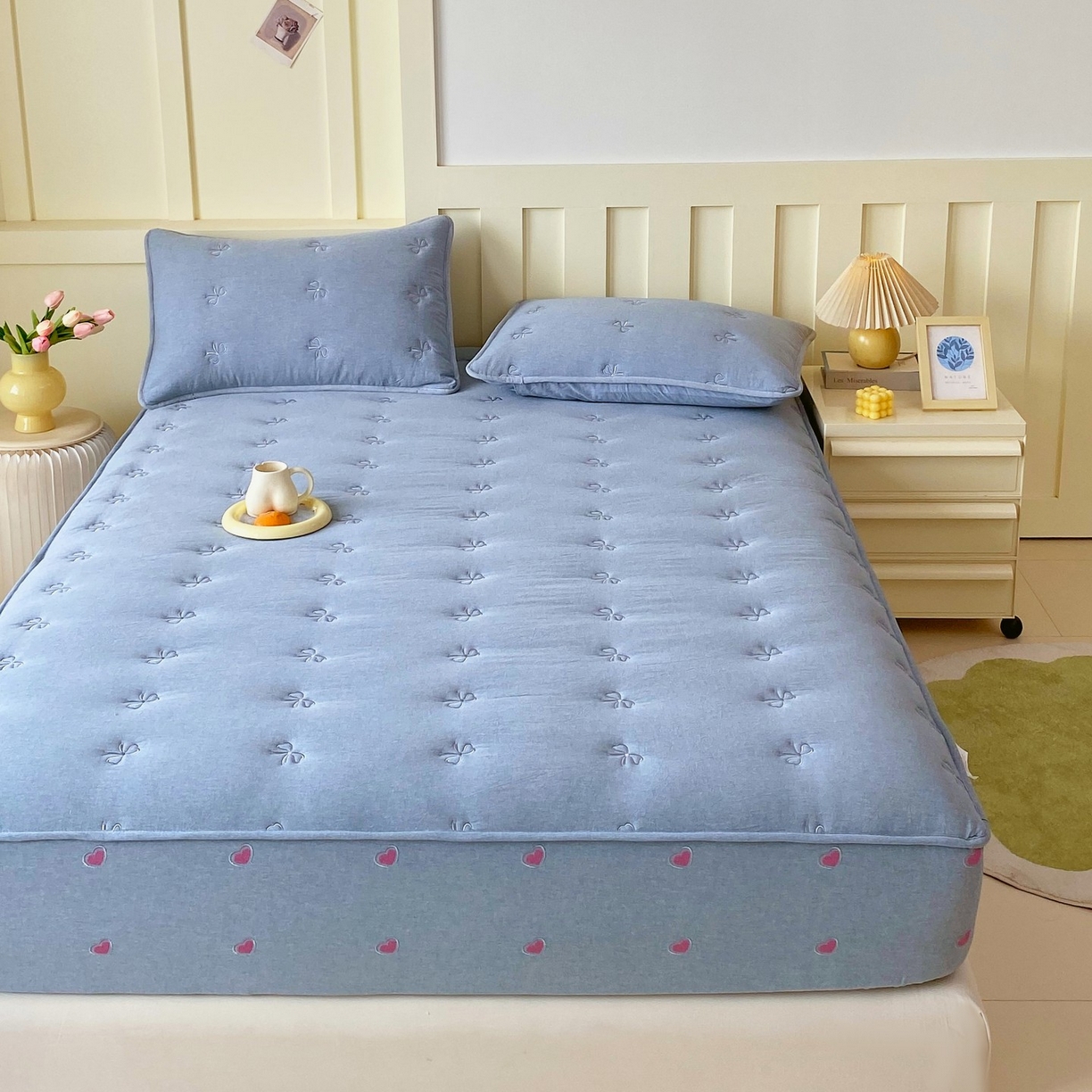 91家纺网 家纺一手货源 找家纺 尊康家纺（原磊科） 2025新款7A抗菌全棉色织水洗棉大豆棉填充床笠-同心结 同心结-蓝青年