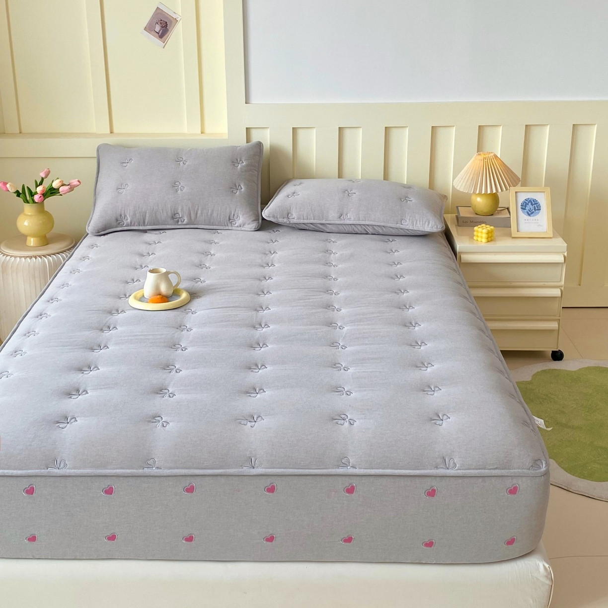 91家纺网 家纺一手货源 找家纺 尊康家纺（原磊科） 2025新款7A抗菌全棉色织水洗棉大豆棉填充床笠-同心结 同心结-绅士灰