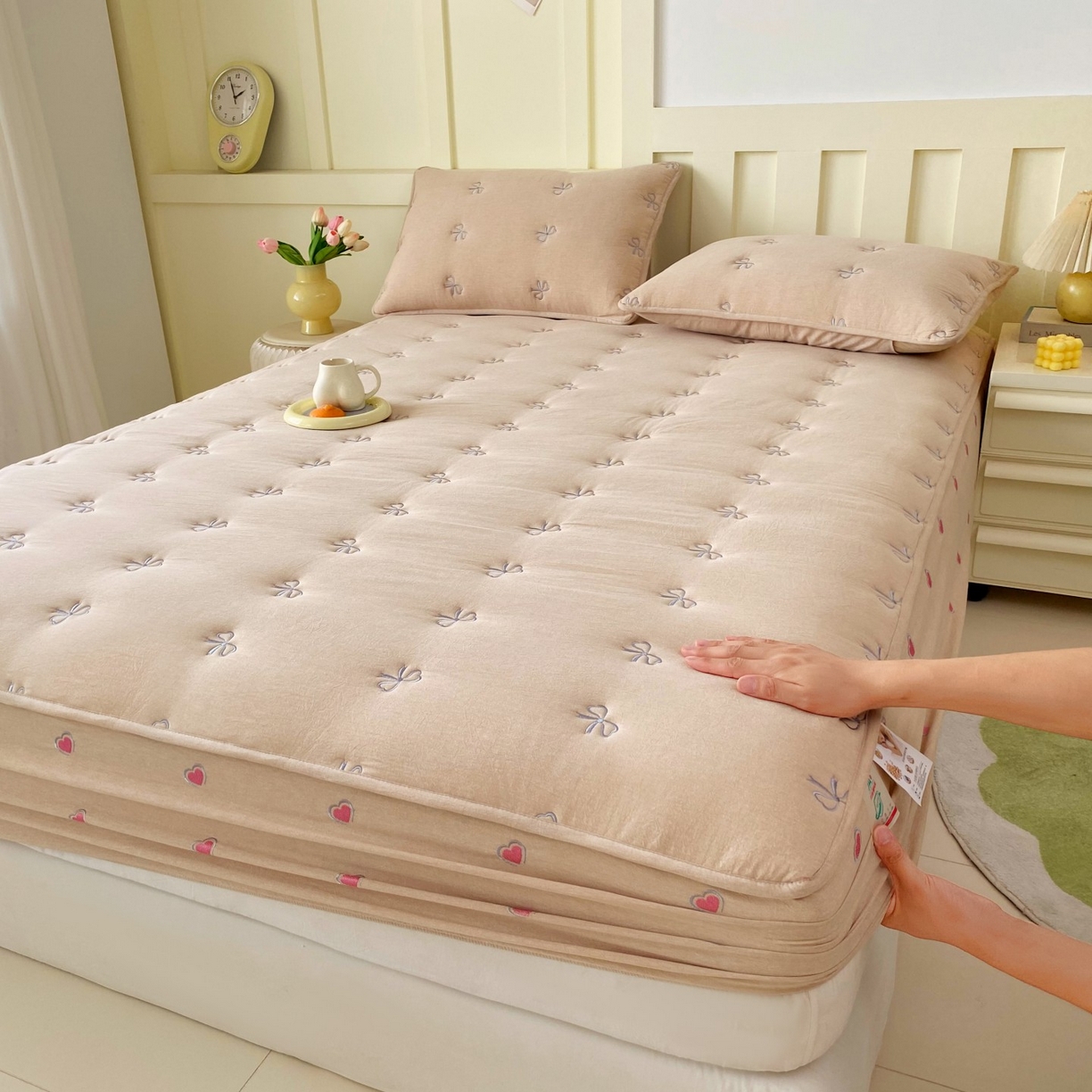 尊康家纺（原磊科） 2025新款7A抗菌全棉色织水洗棉大豆棉填充床笠-同心结 同心结-香槟