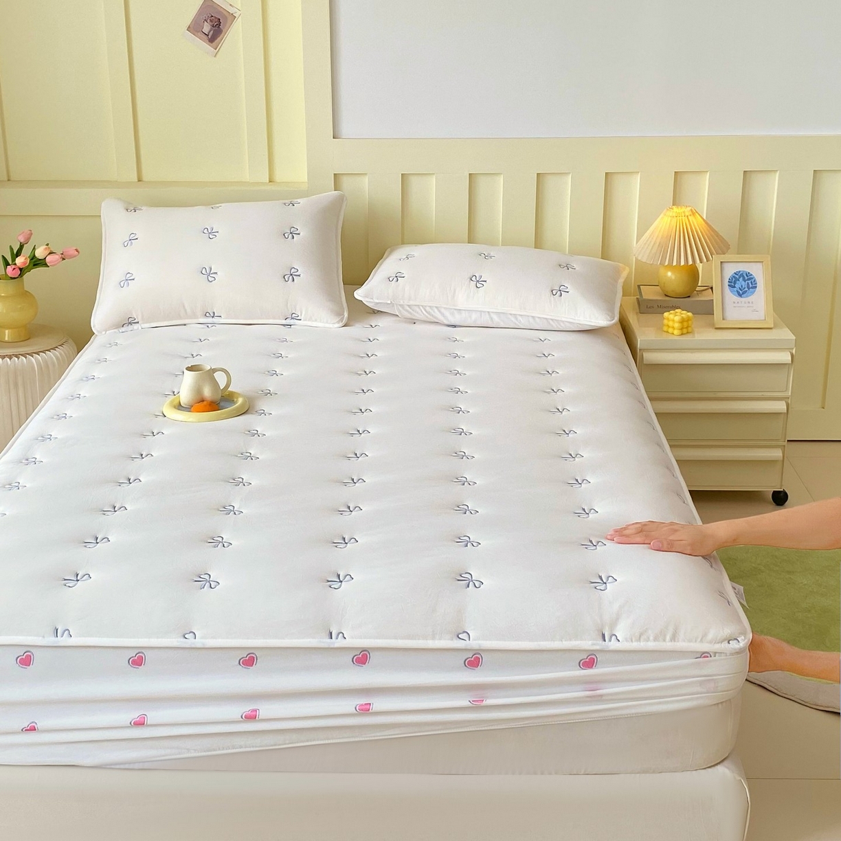 91家纺网 家纺一手货源 找家纺 （总）尊康家纺（原磊科） 2025新款7A抗菌全棉色织水洗棉大豆棉填充床笠-同心结