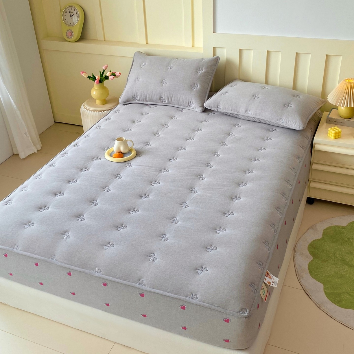 91家纺网 家纺一手货源 找家纺 尊康家纺（原磊科） 2025新款7A抗菌全棉色织水洗棉大豆棉填充床笠-同心结 同心结-绅士灰