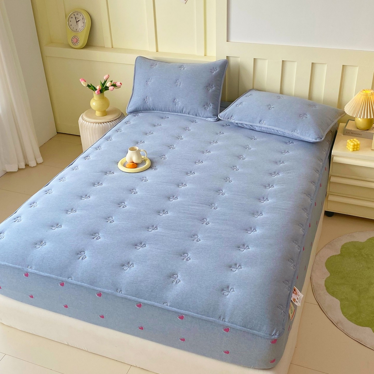 91家纺网 家纺一手货源 找家纺 尊康家纺（原磊科） 2025新款7A抗菌全棉色织水洗棉大豆棉填充床笠-同心结 同心结-蓝青年