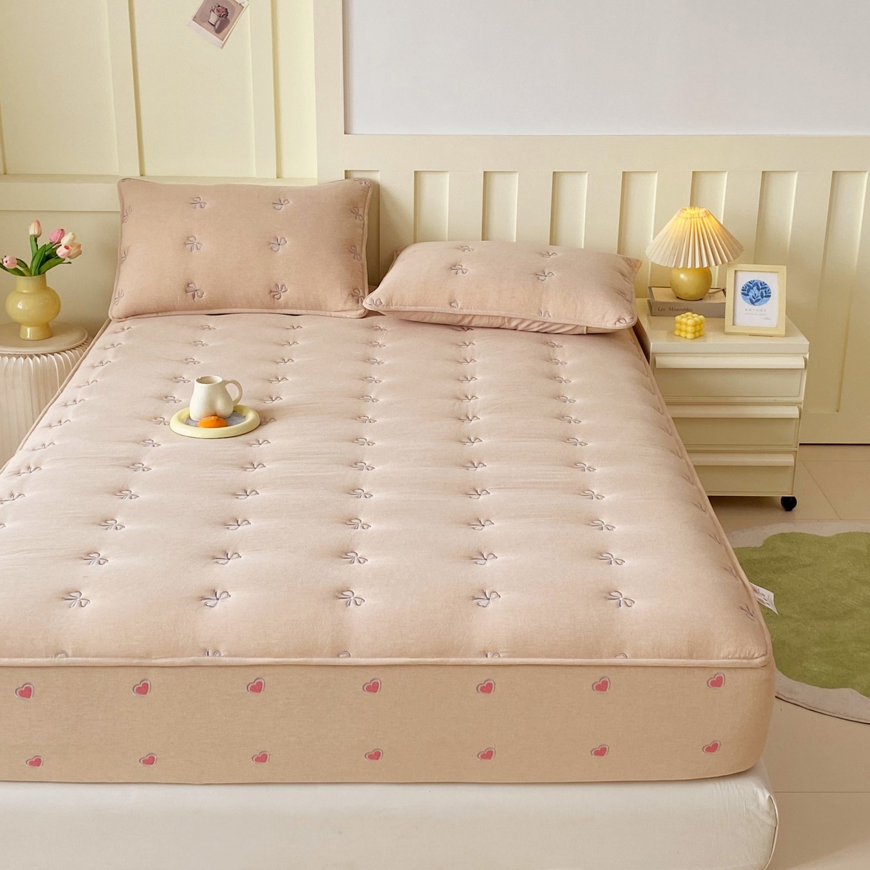 91家纺网 家纺一手货源 找家纺 尊康家纺（原磊科） 2025新款7A抗菌全棉色织水洗棉大豆棉填充床笠-同心结 同心结-香槟