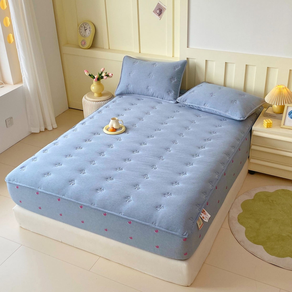 91家纺网 家纺一手货源 找家纺 尊康家纺（原磊科） 2025新款7A抗菌全棉色织水洗棉大豆棉填充床笠-同心结 同心结-蓝青年