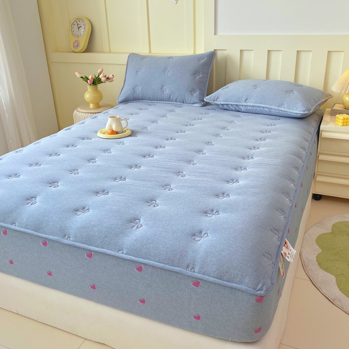 91家纺网 家纺一手货源 找家纺 尊康家纺（原磊科） 2025新款7A抗菌全棉色织水洗棉大豆棉填充床笠-同心结 同心结-蓝青年