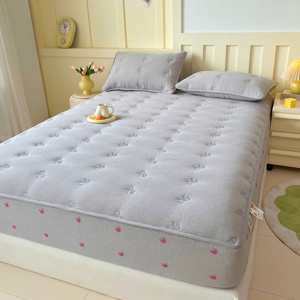 91家纺网 家纺一手货源 找家纺 尊康家纺（原磊科） 2025新款7A抗菌全棉色织水洗棉大豆棉填充床笠-同心结 同心结-绅士灰