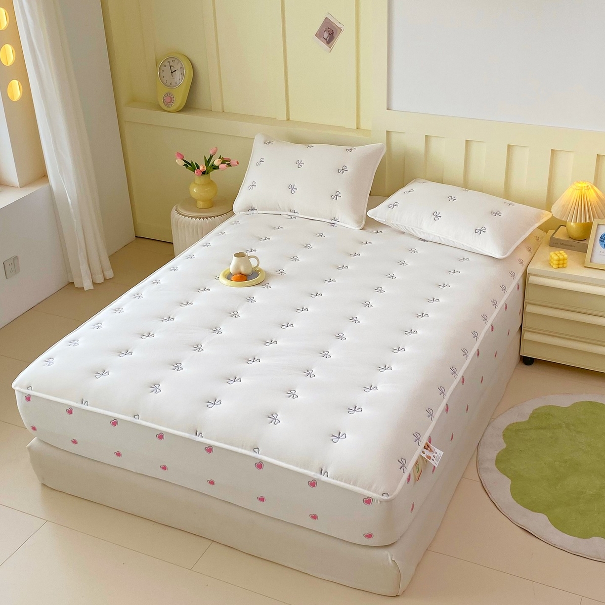 91家纺网 家纺一手货源 找家纺 尊康家纺（原磊科） 2025新款7A抗菌全棉色织水洗棉大豆棉填充床笠-同心结 同心结-白