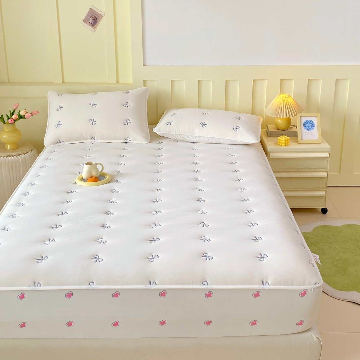 91家纺网 家纺一手货源 找家纺 尊康家纺（原磊科） 2025新款7A抗菌全棉色织水洗棉大豆棉填充床笠-同心结 同心结-白