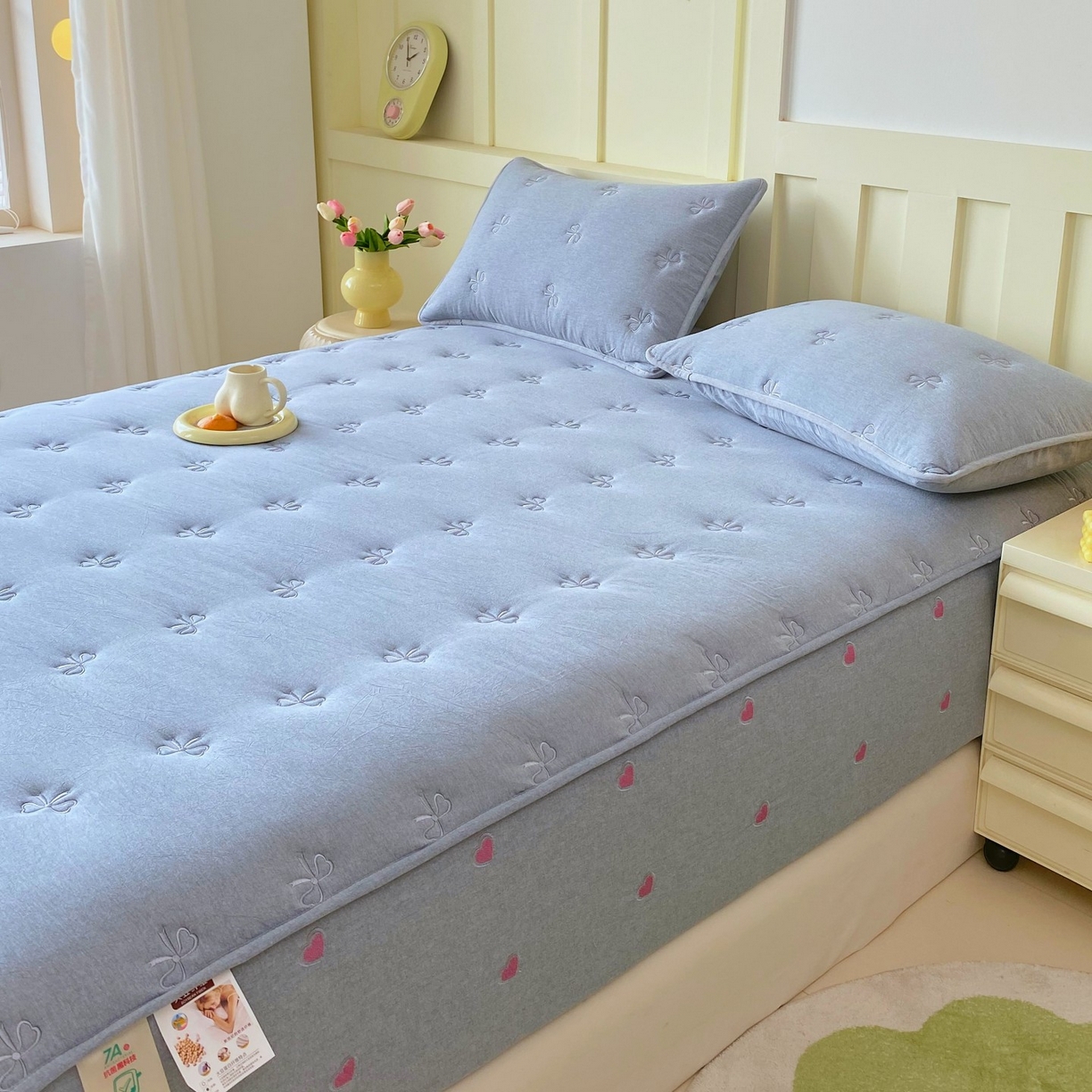 91家纺网 家纺一手货源 找家纺 尊康家纺（原磊科） 2025新款7A抗菌全棉色织水洗棉大豆棉填充床笠-同心结 同心结-蓝青年