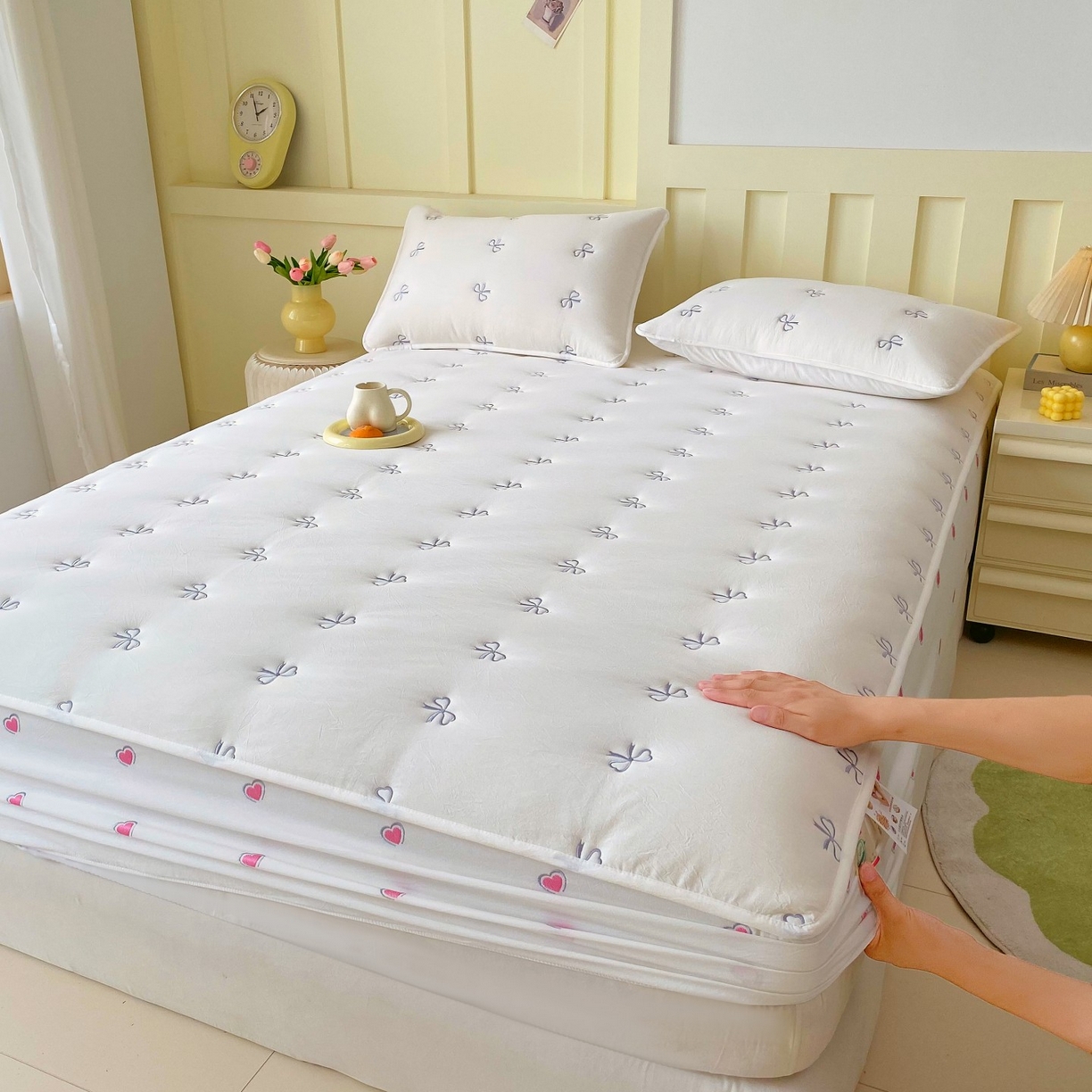 91家纺网 家纺一手货源 找家纺 （总）尊康家纺（原磊科） 2025新款7A抗菌全棉色织水洗棉大豆棉填充床笠-同心结