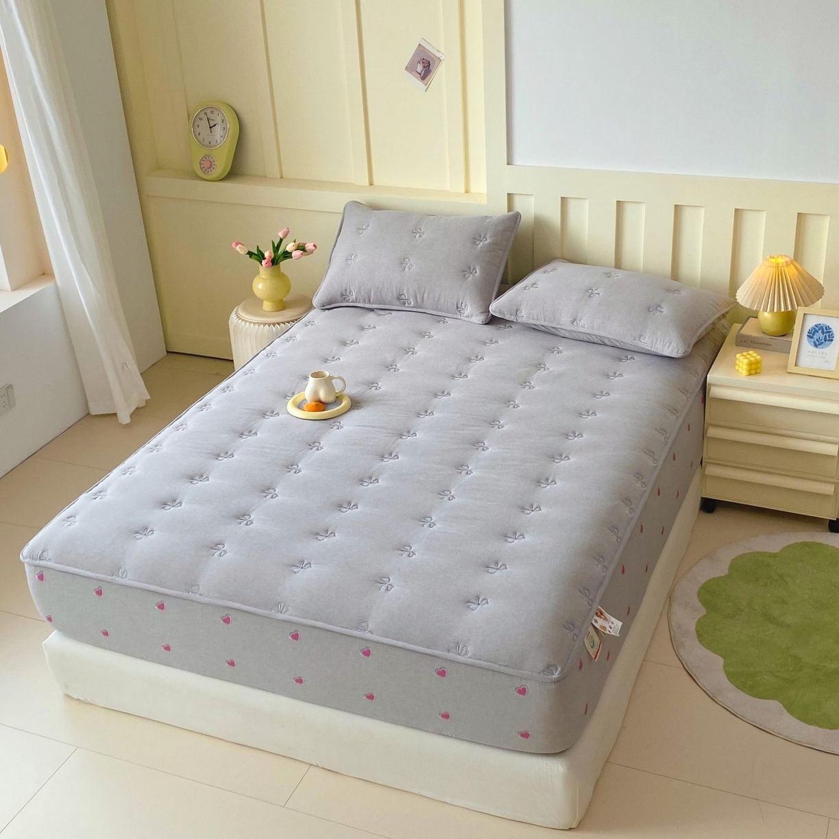 91家纺网 家纺一手货源 找家纺 尊康家纺（原磊科） 2025新款7A抗菌全棉色织水洗棉大豆棉填充床笠-同心结 同心结-绅士灰