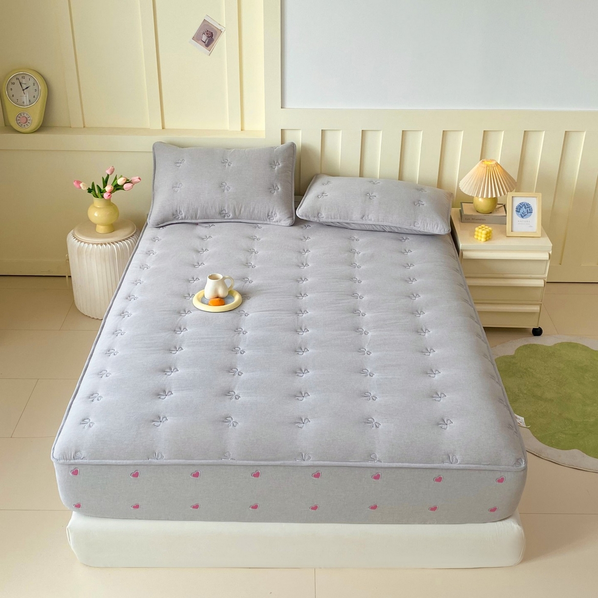 91家纺网 家纺一手货源 找家纺 尊康家纺（原磊科） 2025新款7A抗菌全棉色织水洗棉大豆棉填充床笠-同心结 同心结-绅士灰