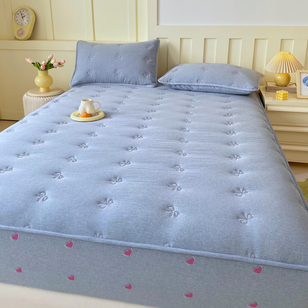 91家纺网 家纺一手货源 找家纺 尊康家纺（原磊科） 2025新款7A抗菌全棉色织水洗棉大豆棉填充床笠-同心结 同心结-蓝青年