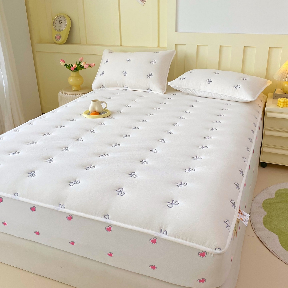 91家纺网 家纺一手货源 找家纺 尊康家纺（原磊科） 2025新款7A抗菌全棉色织水洗棉大豆棉填充床笠-同心结 同心结-白