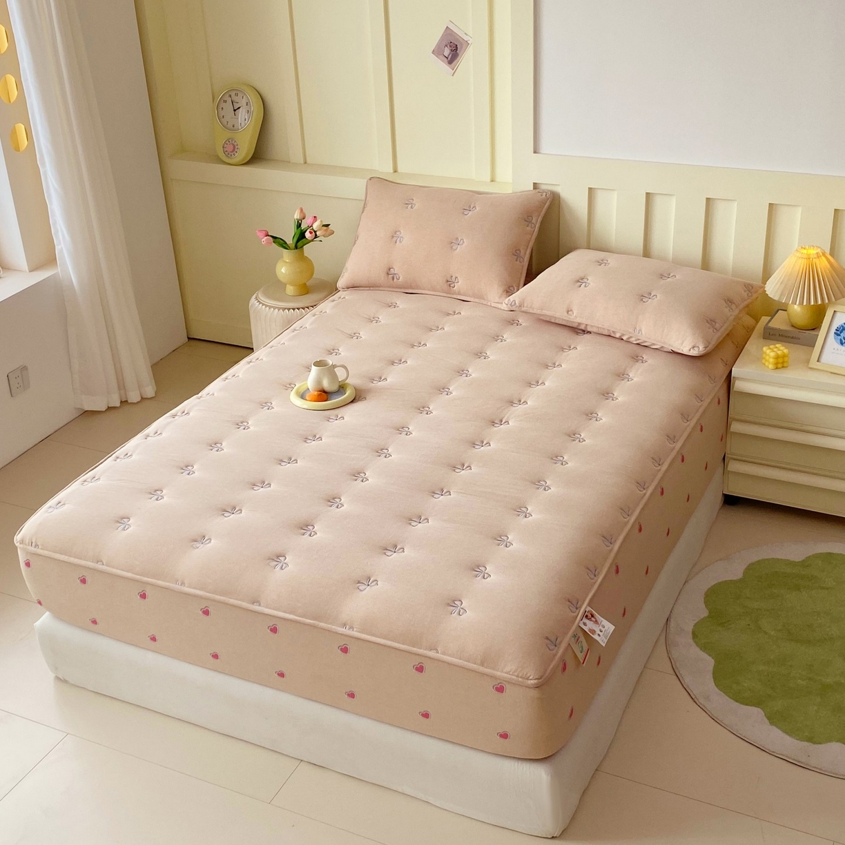 91家纺网 家纺一手货源 找家纺 尊康家纺（原磊科） 2025新款7A抗菌全棉色织水洗棉大豆棉填充床笠-同心结 同心结-香槟