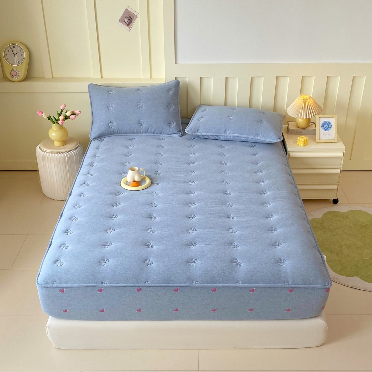 91家纺网 家纺一手货源 找家纺 尊康家纺（原磊科） 2025新款7A抗菌全棉色织水洗棉大豆棉填充床笠-同心结 同心结-蓝青年