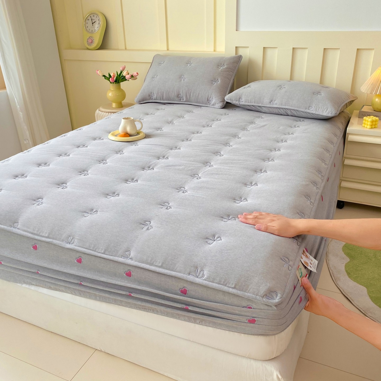 91家纺网 家纺一手货源 找家纺 （总）尊康家纺（原磊科） 2025新款7A抗菌全棉色织水洗棉大豆棉填充床笠-同心结