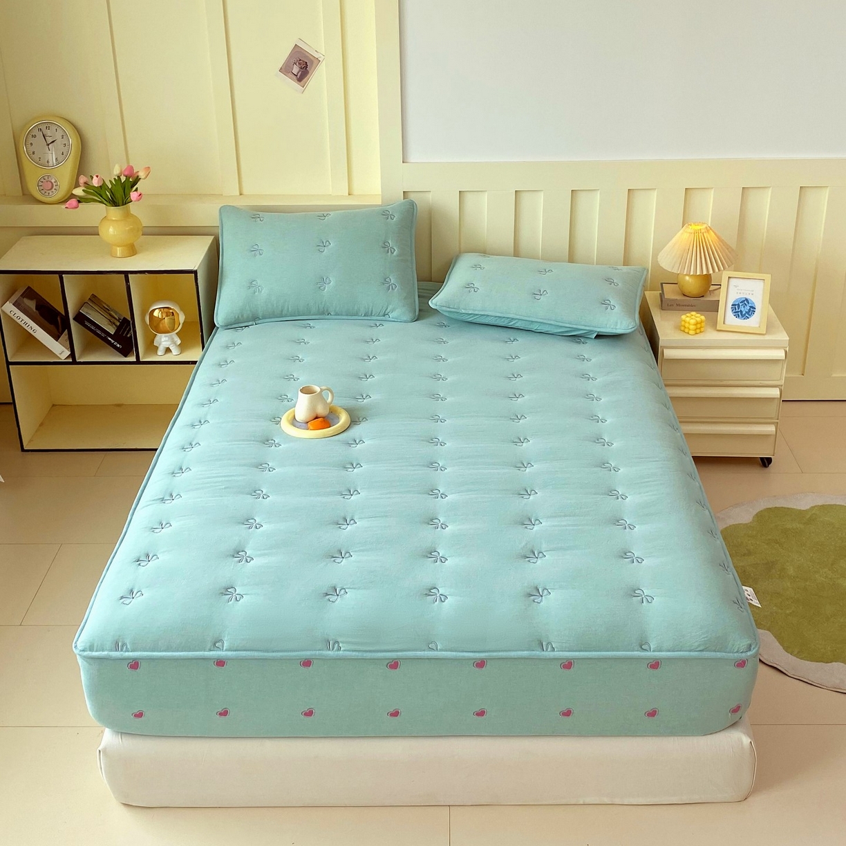 91家纺网 家纺一手货源 找家纺 尊康家纺（原磊科） 2025新款7A抗菌全棉色织水洗棉大豆棉填充床笠-同心结 同心结-翠绿