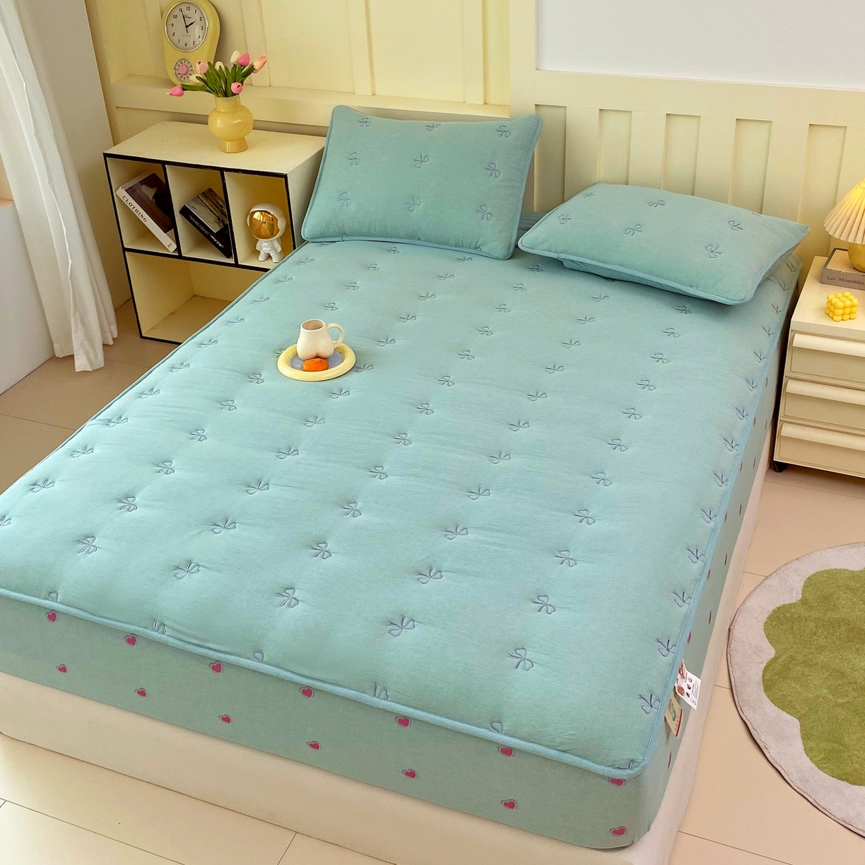 91家纺网 家纺一手货源 找家纺 尊康家纺（原磊科） 2025新款7A抗菌全棉色织水洗棉大豆棉填充床笠-同心结 同心结-翠绿