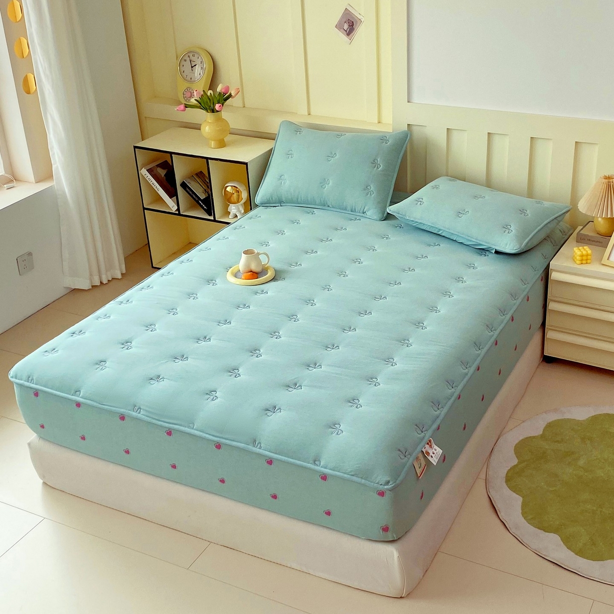 91家纺网 家纺一手货源 找家纺 尊康家纺（原磊科） 2025新款7A抗菌全棉色织水洗棉大豆棉填充床笠-同心结 同心结-翠绿