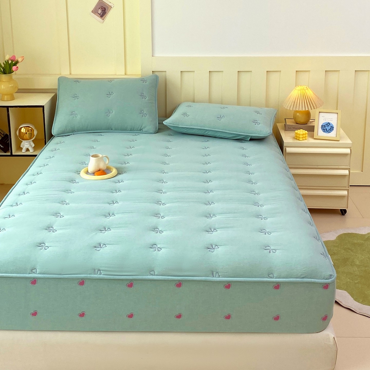 91家纺网 家纺一手货源 找家纺 尊康家纺（原磊科） 2025新款7A抗菌全棉色织水洗棉大豆棉填充床笠-同心结 同心结-翠绿