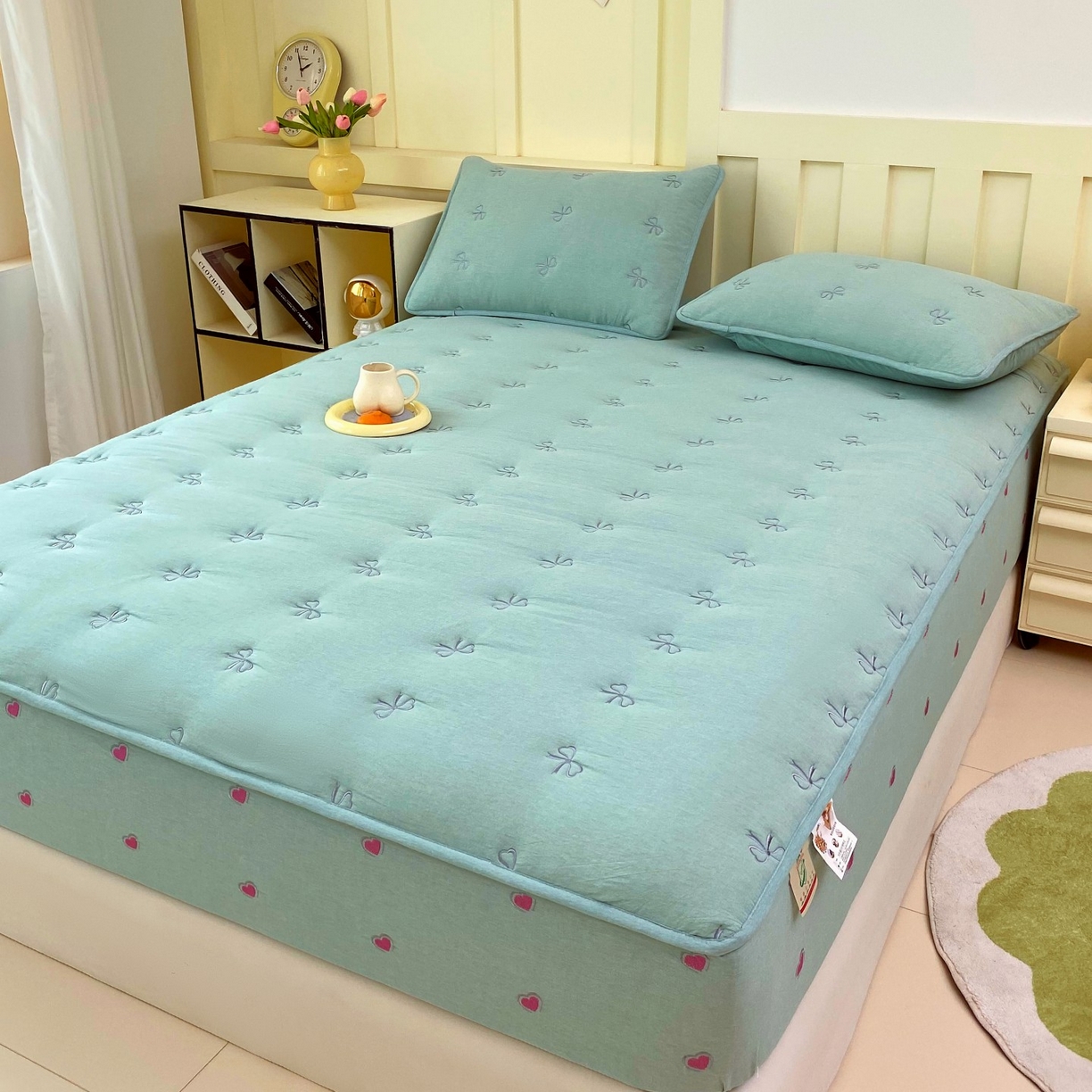 91家纺网 家纺一手货源 找家纺 尊康家纺（原磊科） 2025新款7A抗菌全棉色织水洗棉大豆棉填充床笠-同心结 同心结-翠绿